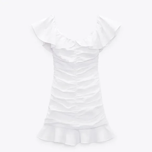 ZARA WHITE LINEN BLEND DRAPED DRESS WITH RUFFLES - Picture 3 of 10